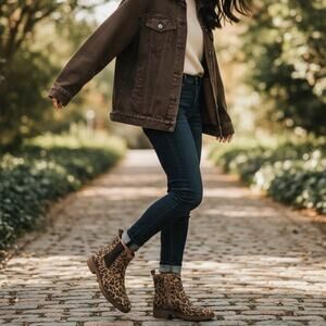 Lucky Brand Ressy Ankle Booties Womens 6M Tan Black Leather Animal Print Boots